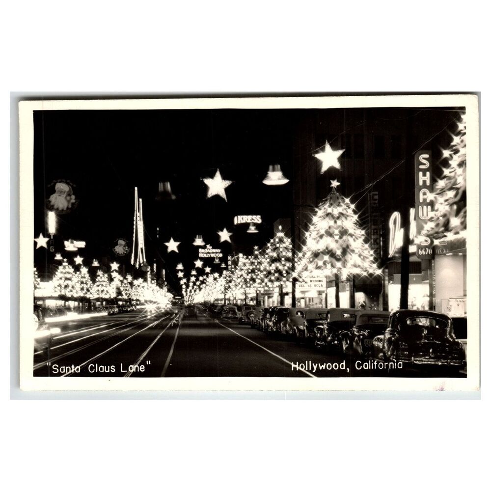 Vintage Real Photo Postcard Santa Claus Lane Hollywood CA Night
